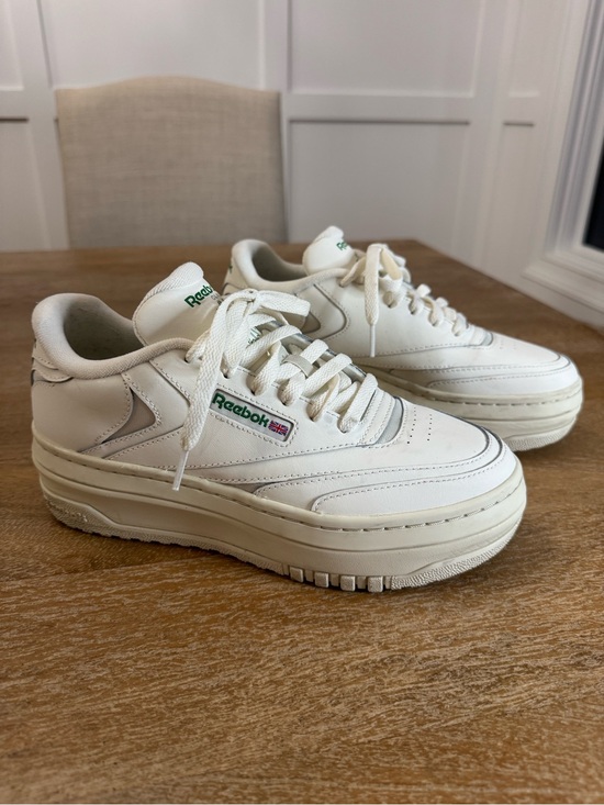 Reebok Shoes - Reebok White Platform Leather Sneakers with Green Logo women’s 8
